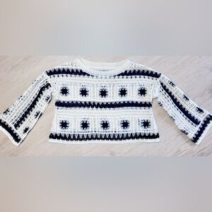 Love N 7 Crochet Granny Square Crop Sweater Boho Cream Black Bell Sleeve OS
